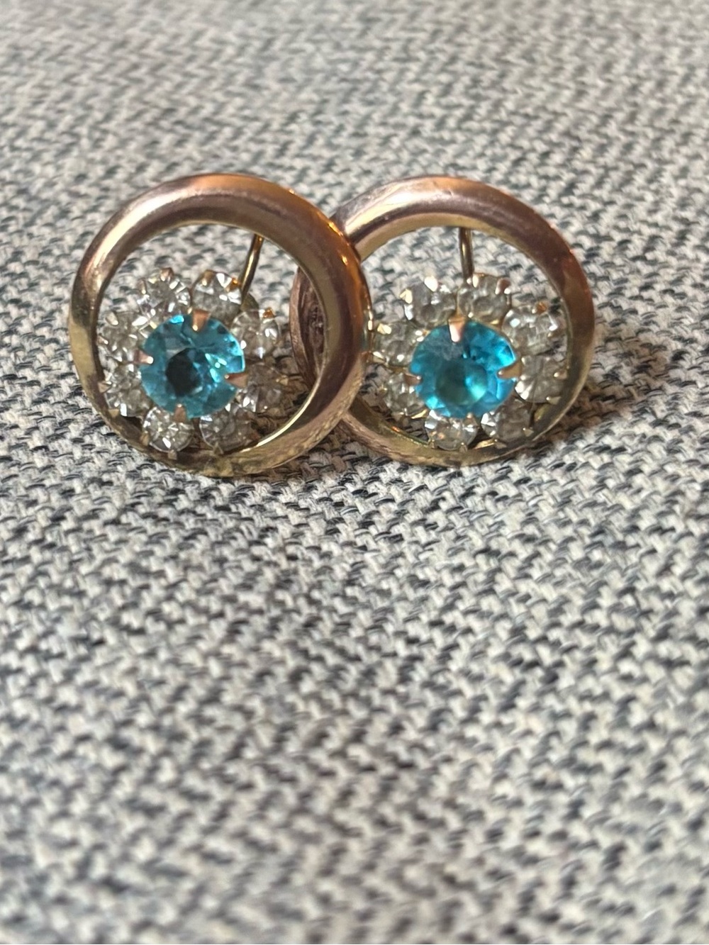Vintage Gold-Tone Earrings with Bright Blue Crystal Centers